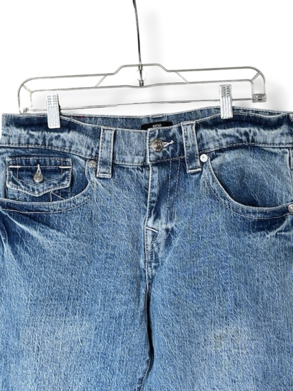 True Religion Ricki Relaxed Straight Jeans 29 Light Wash Painted Pockets Y2K - Picture 10 of 13